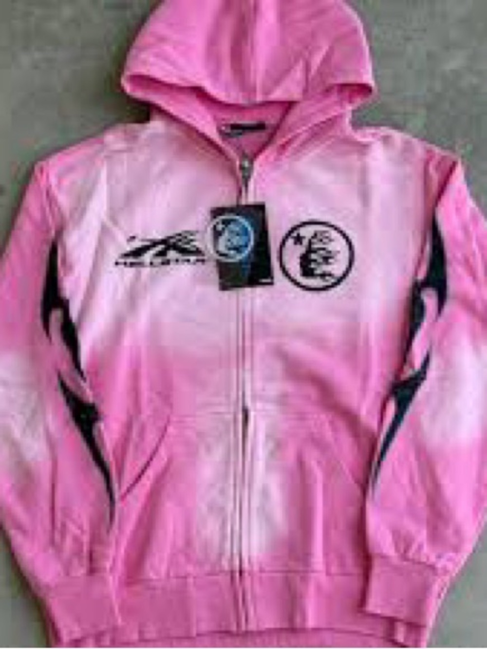 Pink Gradient Full-Zip Hoodie with Graphic Accents